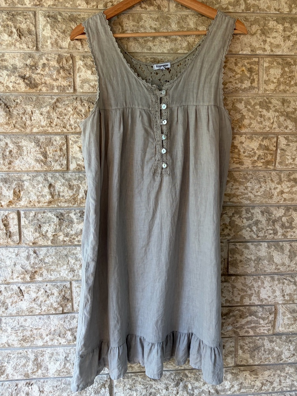 Rosemarine Linen Taupe Ruffle Hem Sleeveless Dress Italian Lagenlook Coastal